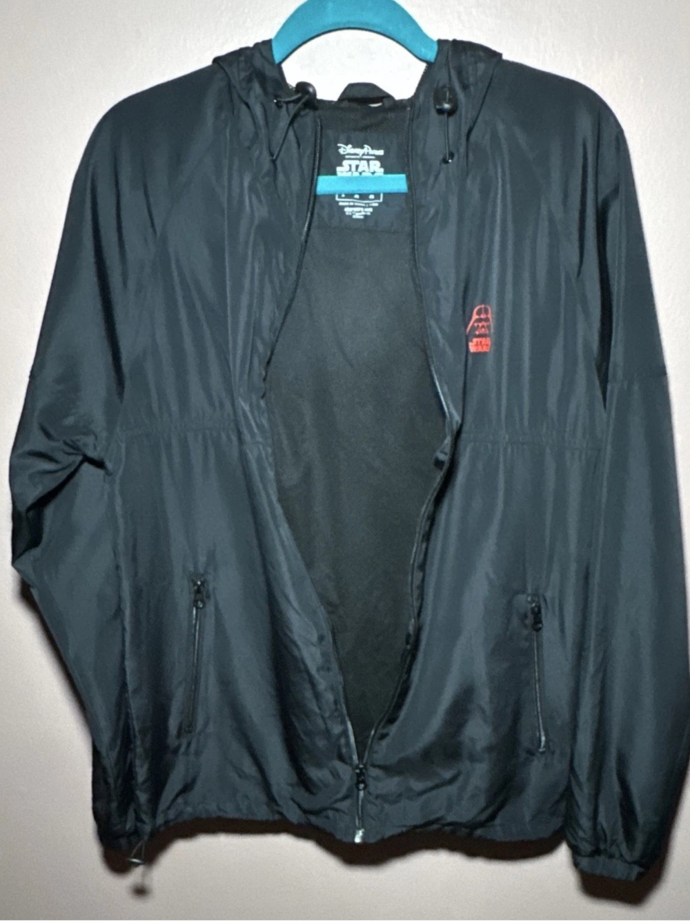 Star Wars Black Darth Vader Windbreaker Jacket Full Zip Hooded Pockets Size M